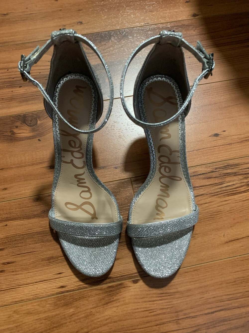 Women’s Sam Edelman Patti Ankle Strap Heeled Sandal Silver Sequin Size 8